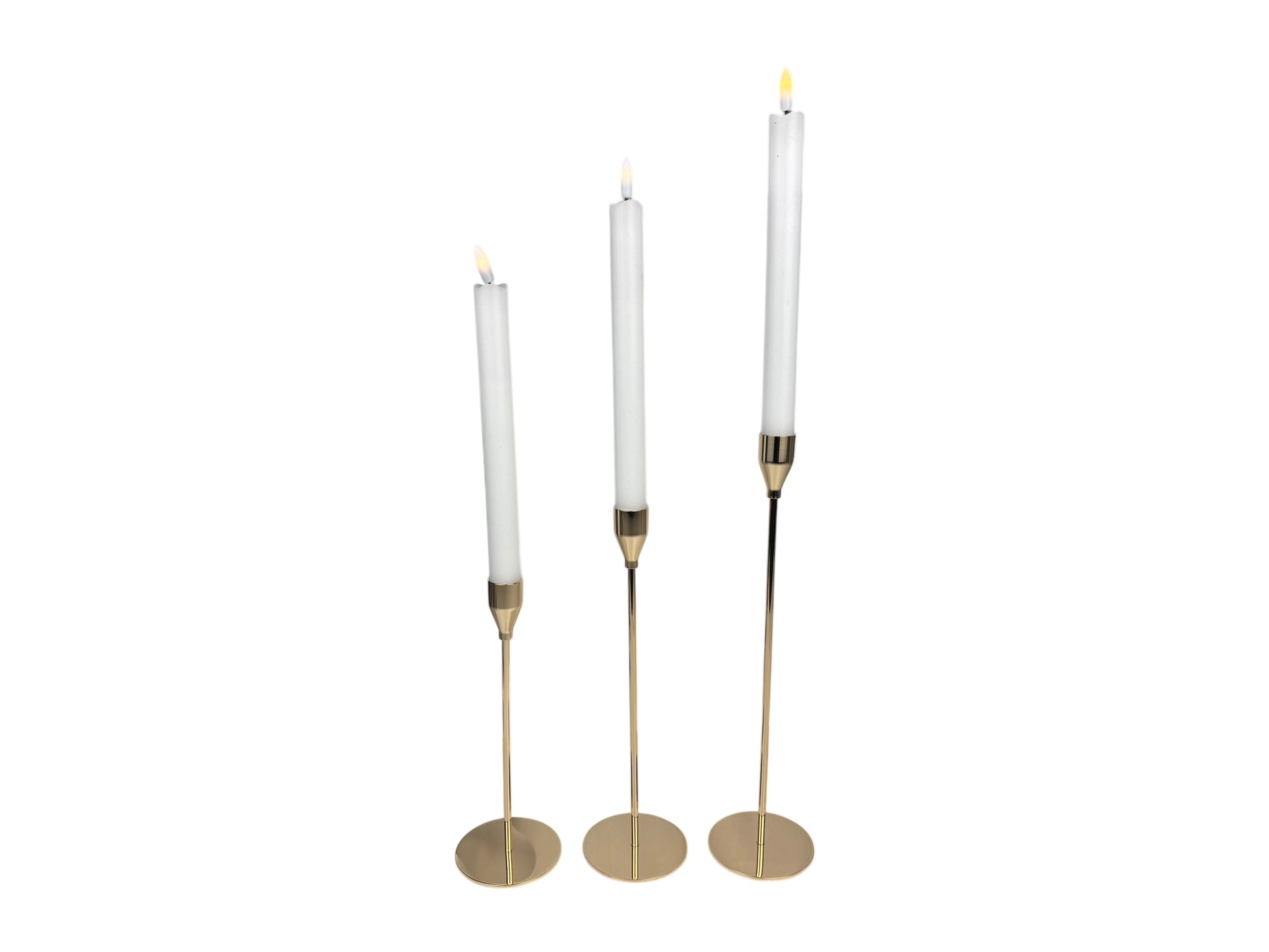 Kerzenhalter 3er Set Gold mit LED-Stabkerzen in drei Höhen für elegante Tischdeko
