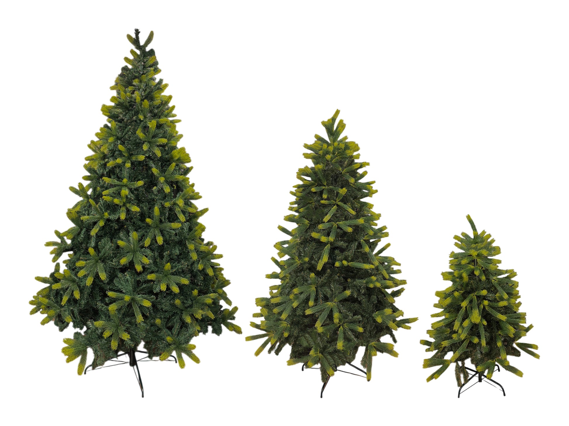 Künstliche Weihnachtsbäume in drei Größen (120 cm, 180 cm und 240 cm) zur Miete vom Eventverleih Schleswig-Holstein – Vergleich der Baumhöhen für Weihnachtsfeiern und Events.