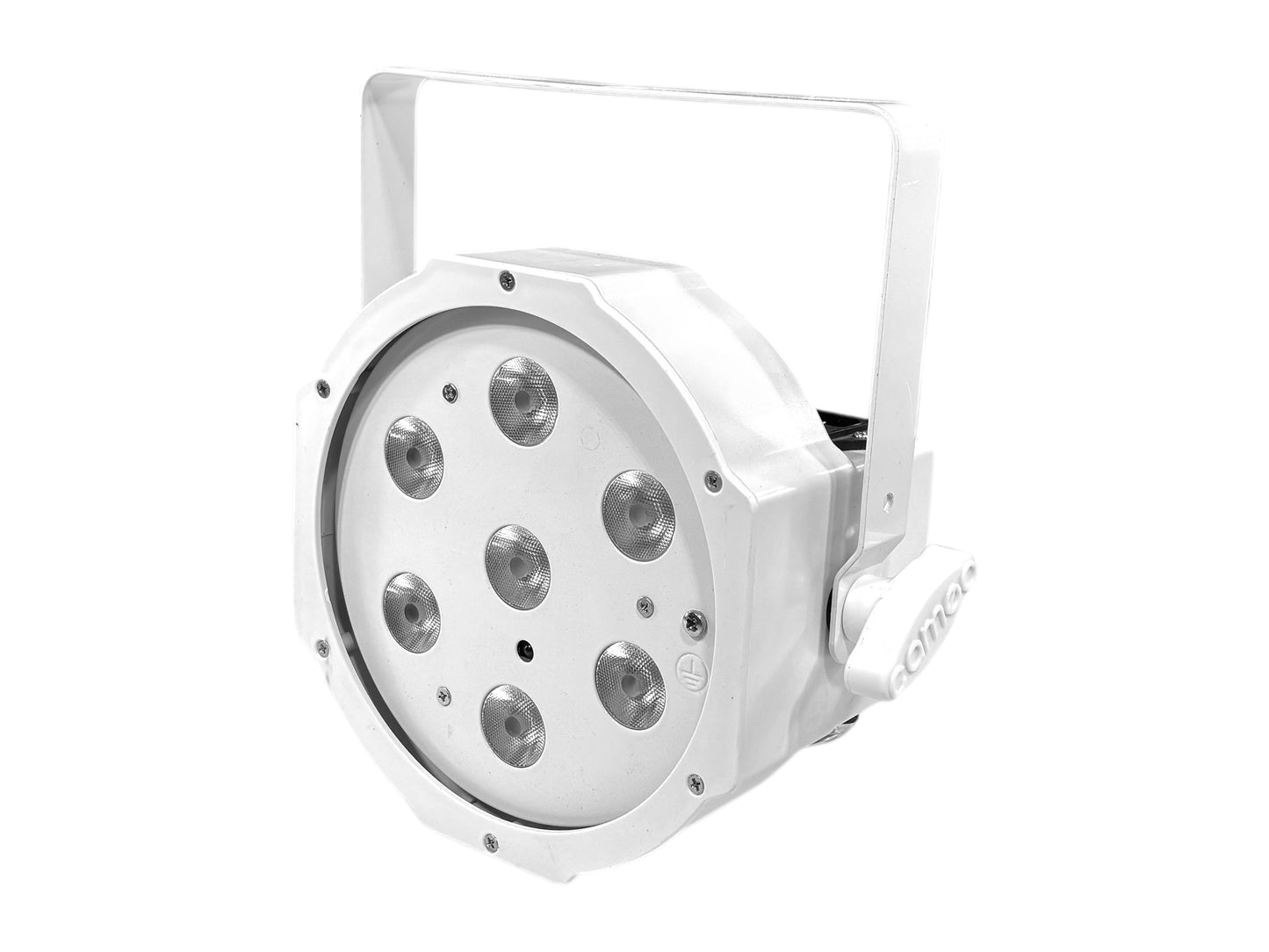 Weißer LED Flachspot mit 7×4-Watt Warmweiß-/Kaltweiß-LEDs und stufenloser Farbtemperatur von 3400 bis 7000 K – ideal für Ambientebeleuchtung und Events.
