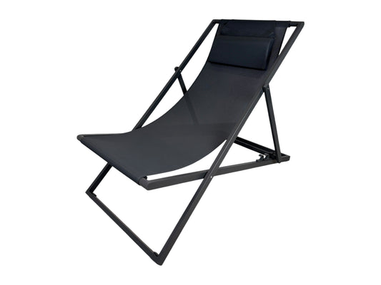 Liegestuhl in Anthrazit mit robustem Stahlgestell, breiter Sitzfläche und 4-fach verstellbarer Lehne für Events.