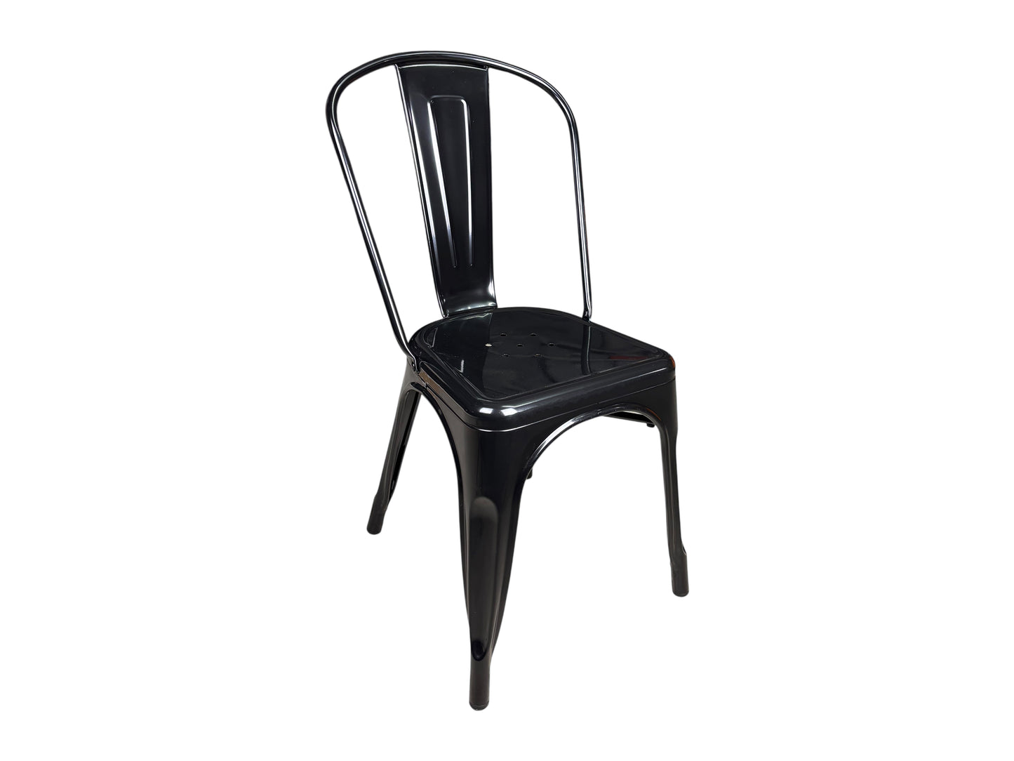 Schwarze Metallstühle im Industrie-Look mit optional beigem Sitzkissen zur Miete beim Eventverleih SH