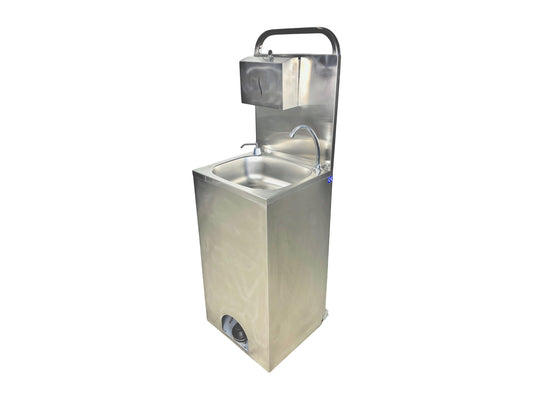 Mobiles Handwaschbecken aus Edelstahl mit Seifen- und Papierspender – autark per Fußpumpe, ideal für Events, Foodtrucks und Outdoor-Catering.