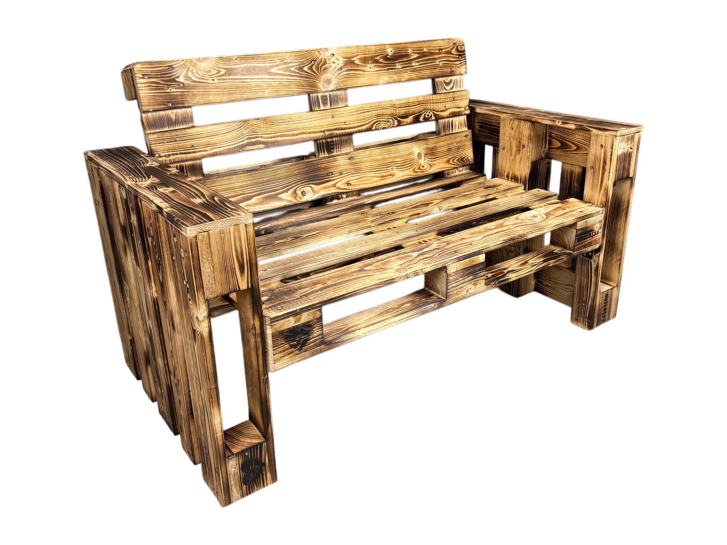 Palettensofa aus geflammtem Holz ohne Polster – stabiler 2-Sitzer für den Einsatz auf Hochzeiten, Feiern & Outdoor-Events