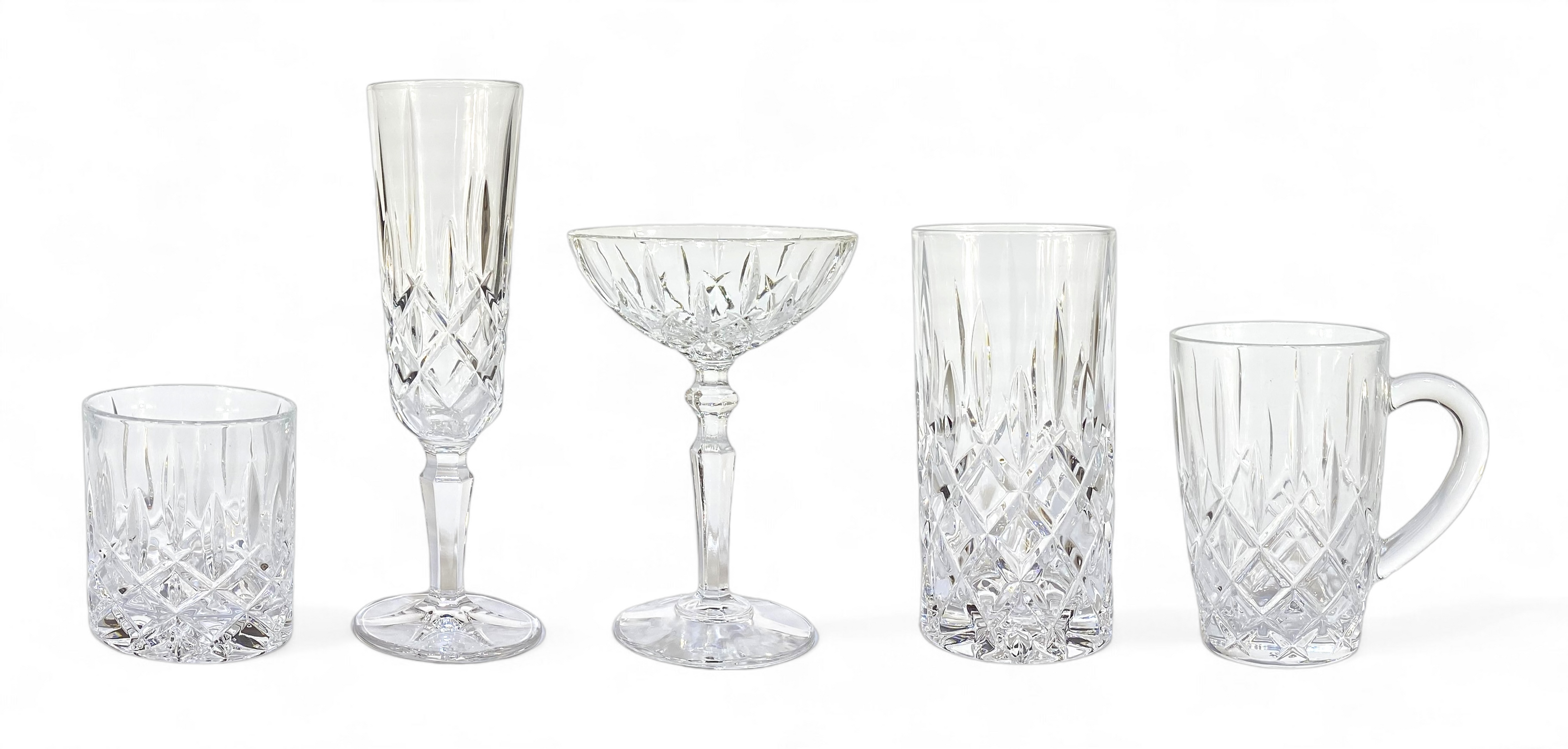 Übersicht der Nachtmann Noblesse Gläser mit Kristallschliff für Hochzeiten und Events, inklusive Weingläser, Champagnerschalen, Longdrinkgläser und Whiskytumbler