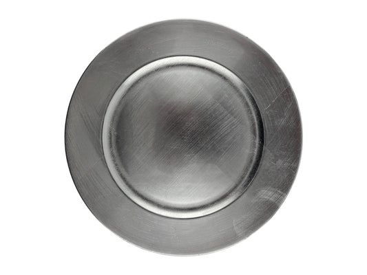 Silberner Platzteller aus Kunststoff mit 33 cm Durchmesser – elegant & ideal für Hochzeiten und Events in Schleswig-Holstein.