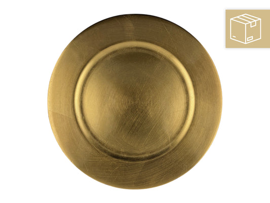 Goldener Platzteller mit 33 cm Durchmesser zur Miete – elegante Tischdekoration für Hochzeiten, Weihnachtsfeiern und festliche Events vom Eventverleih Schleswig-Holstein.