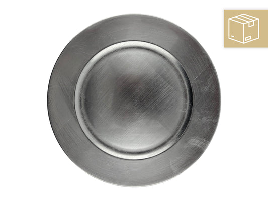 Silberner Platzteller aus Kunststoff mit 33 cm Durchmesser – elegant & ideal für Hochzeiten und Events in Schleswig-Holstein.