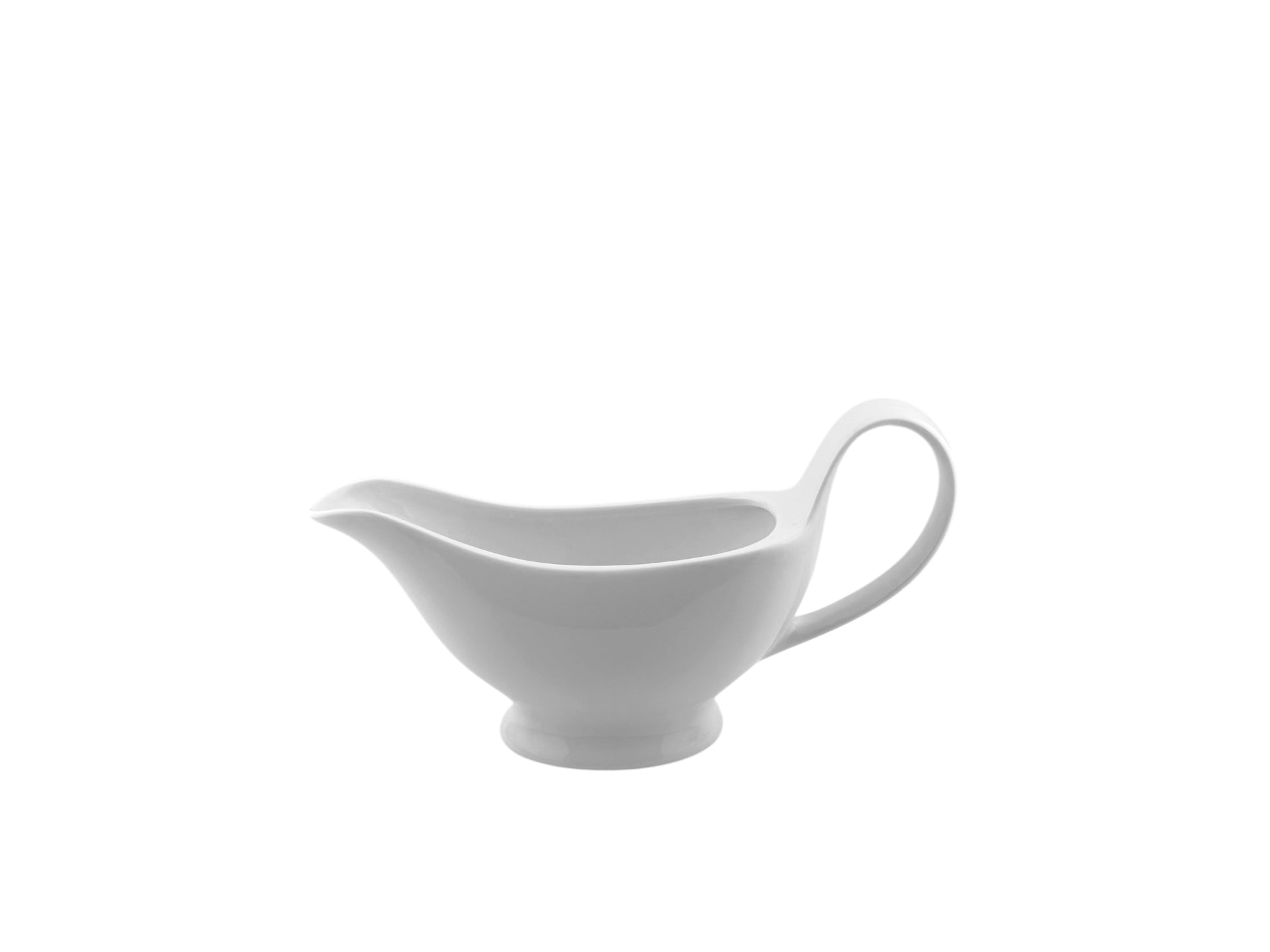 Kleine weiße Porzellan-Sauciere mit Henkel, 250 ml, ideal für Soßen und Dressings bei Caterings & Hochzeiten.