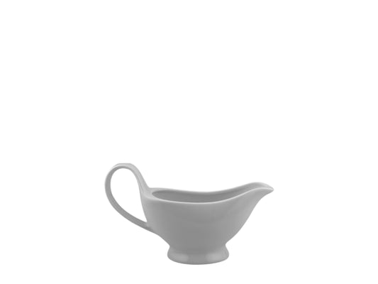 Kleine weiße Porzellan-Sauciere mit Henkel, 250 ml, ideal für Soßen und Dressings bei Caterings & Hochzeiten.