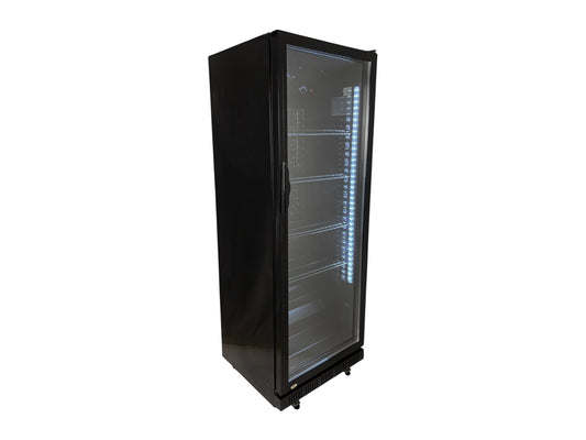 Schwarzer Sichtkühlschrank mit Glastür und LED-Beleuchtung für Events