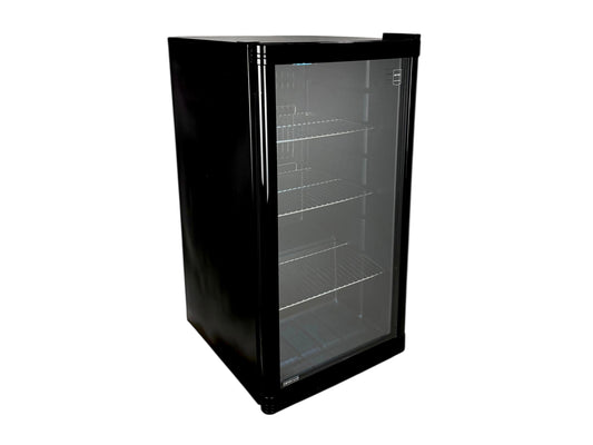 Kleiner Sichtkühlschrank für Messestand – schwarz mit Glastür & LED-Beleuchtung