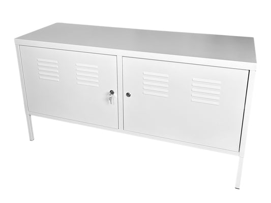 Weißes Sideboard aus Metall mit zwei abschließbaren Türen – ideal für Messestände und Events.
