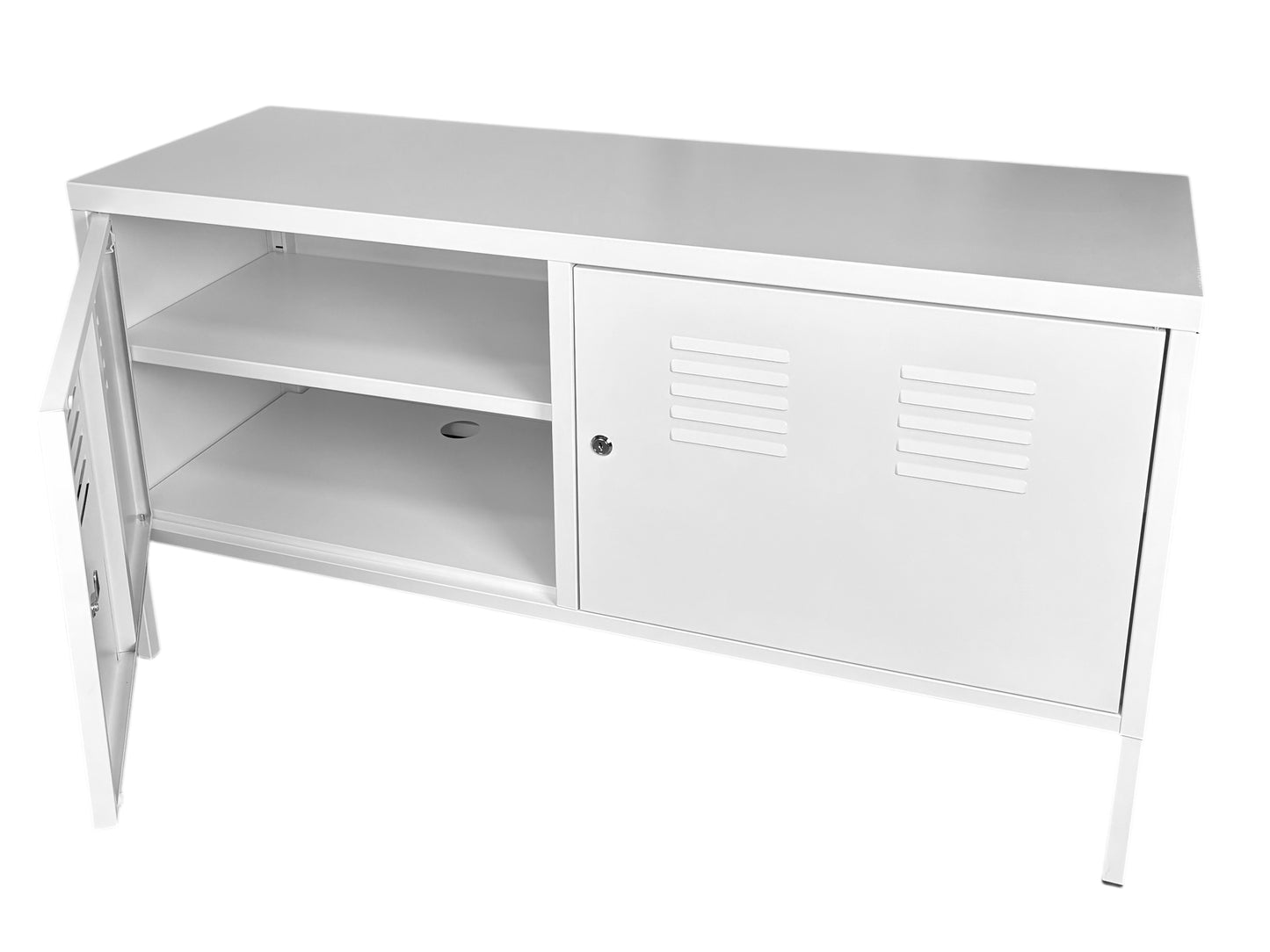 Weißes Sideboard mit geöffneter Tür, Einlegeböden und Stauraum – praktischer Metallschrank für Messen und Veranstaltungen.