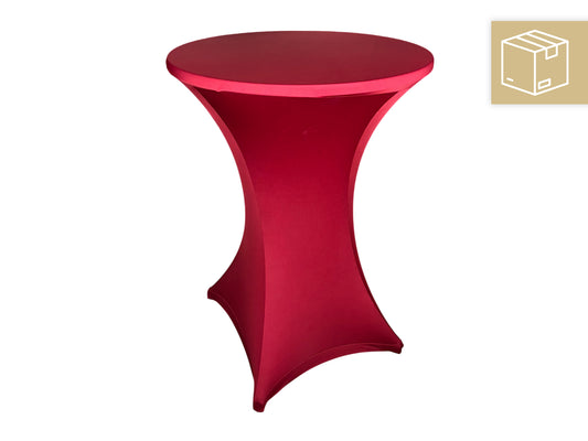 Stehtisch mit bordeauxroter (weinroter) Stretchhusse Ø 80 cm, H 110 cm – mieten für Hochzeiten, Gala & Weihnachtsfeiern mit deutschlandweitem Versand.