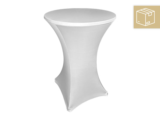 Stehtisch mit weißer Stretchhusse Ø 80 cm, H 110 cm – mieten für Hochzeiten & Events mit deutschlandweitem Versand.