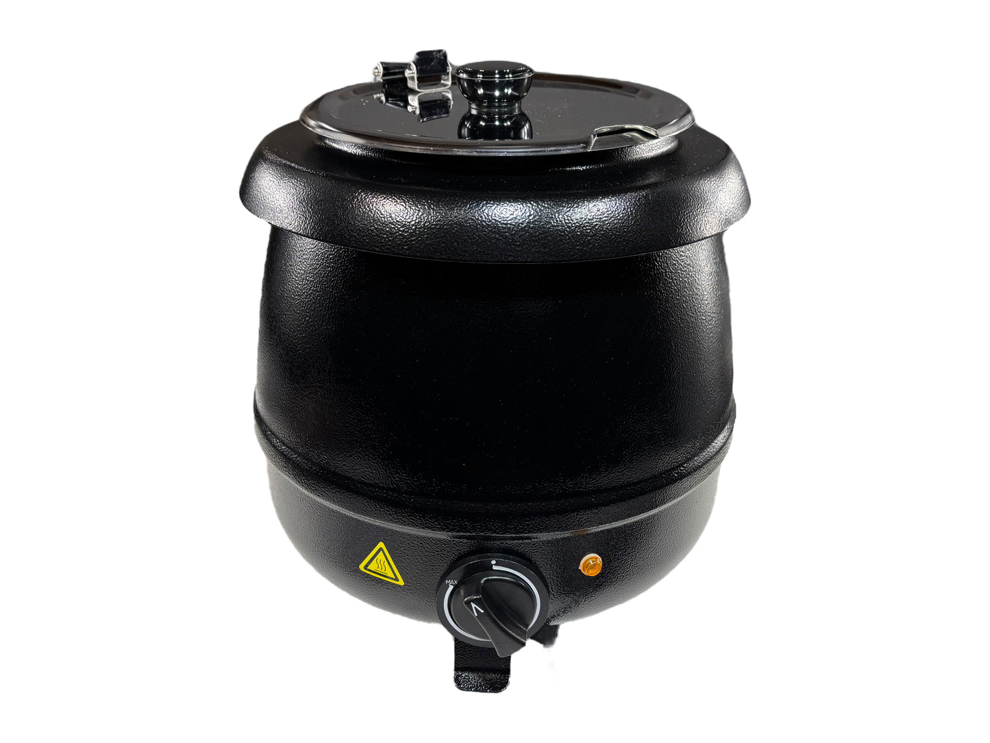 Elektrischer Suppentopf in Schwarz mit 9 l Volumen, klappbarem Edelstahldeckel und Temperaturregelung von 35–95 °C – ideal für Buffets und Caterings.