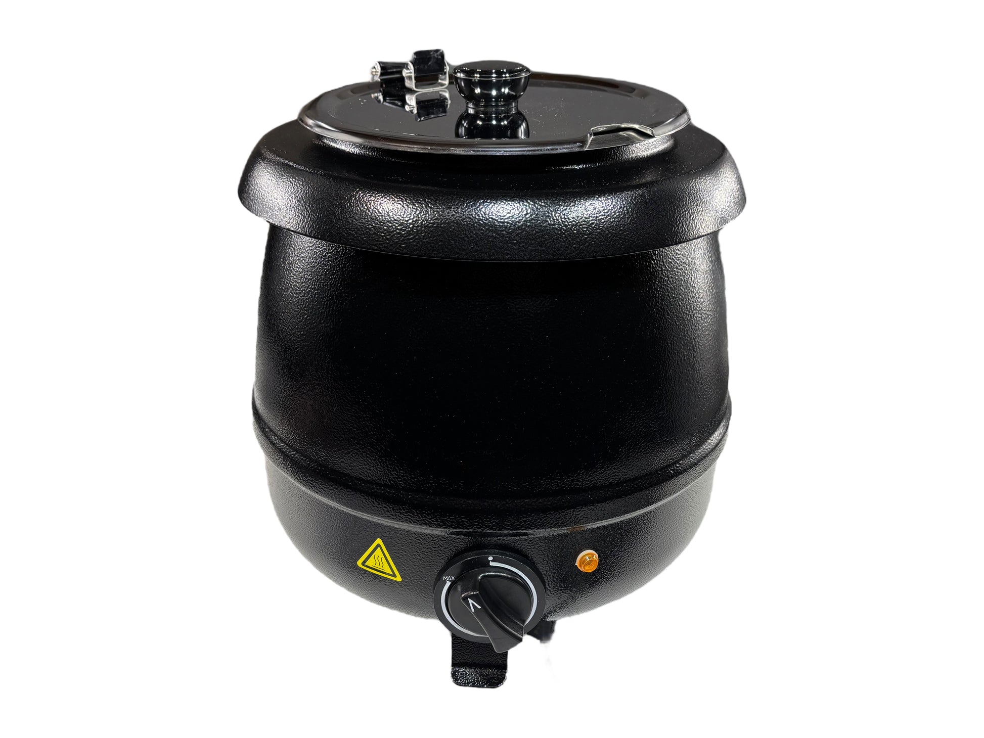 Elektrischer Suppentopf in Schwarz mit 9 l Volumen, klappbarem Edelstahldeckel und Temperaturregelung von 35–95 °C – ideal für Buffets und Caterings.