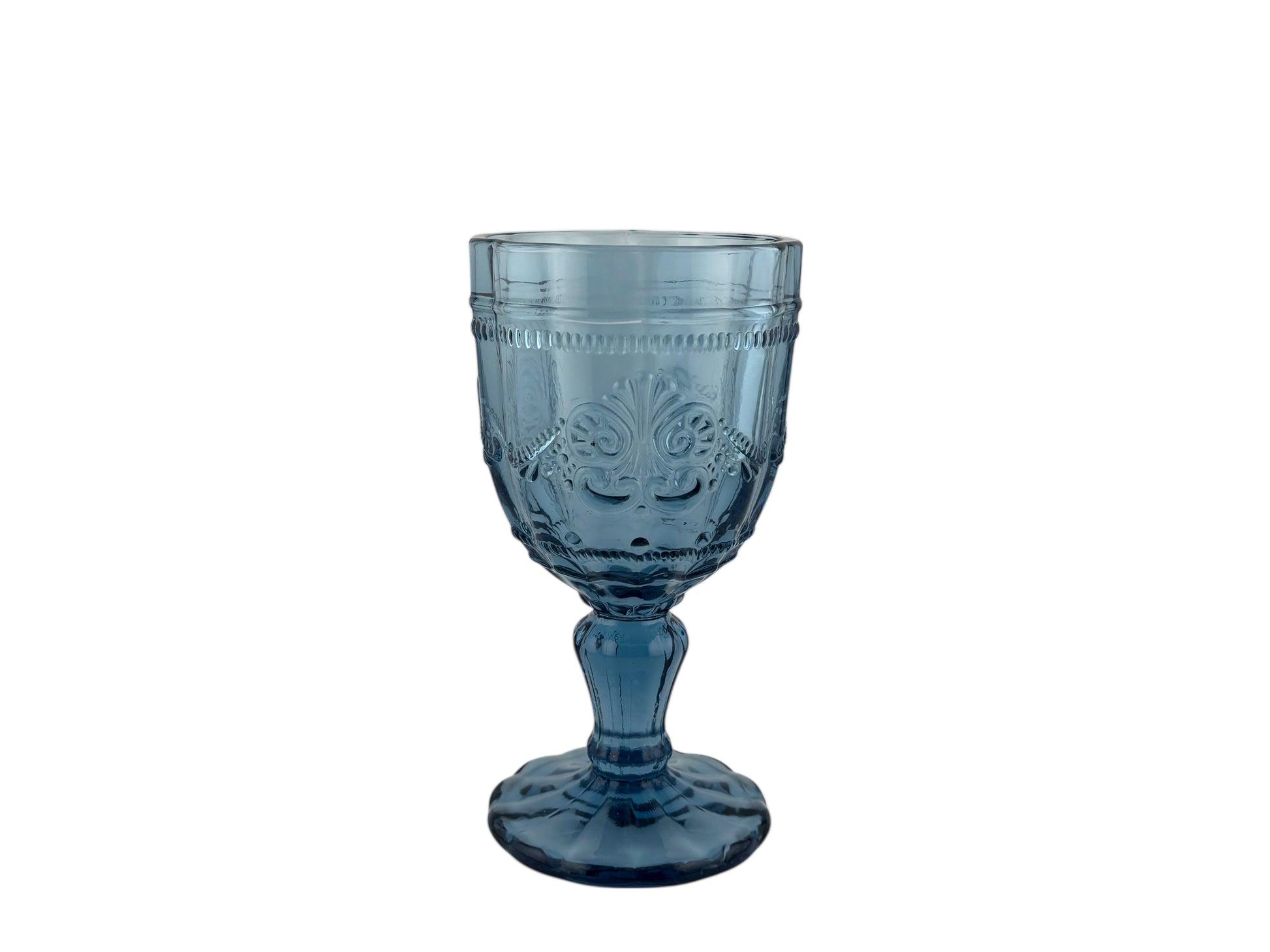 Blaues Vintage Kelchglas aus Glas mit feiner Struktur, 15,4 cm hoch, 230 ml – stilvolle Gläser für Hochzeiten und Events mieten.