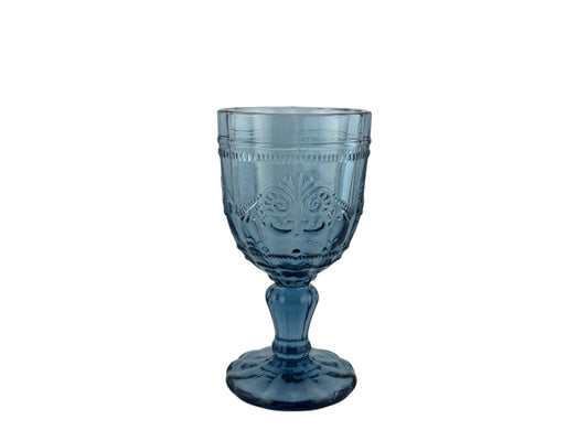 Blaues Vintage Kelchglas aus Glas mit feiner Struktur, 15,4 cm hoch, 230 ml – stilvolle Gläser für Hochzeiten und Events mieten.