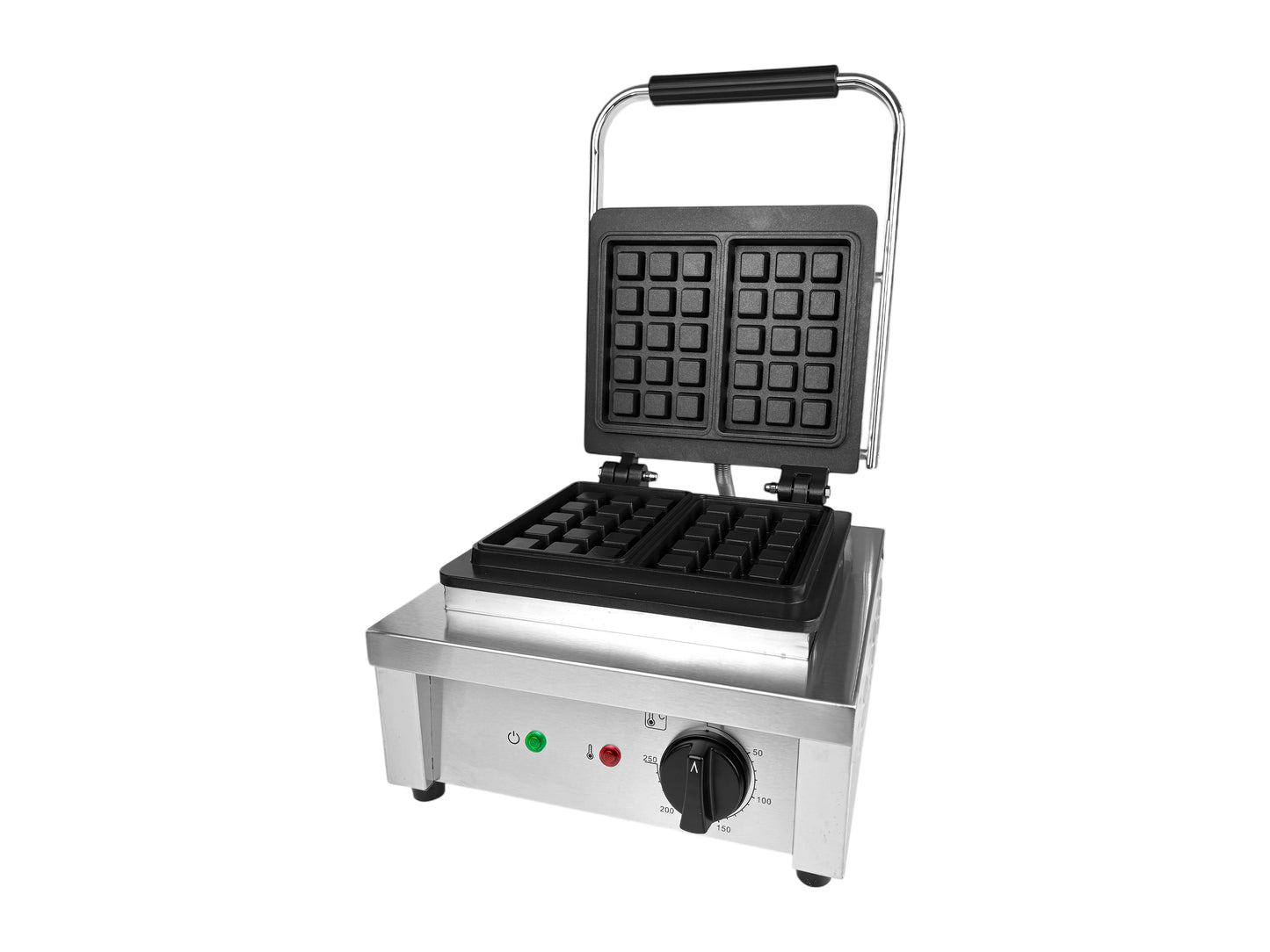 Professionelles Waffeleisen aus Edelstahl für Brüsseler Waffeln mit geöffnetem Deckel – ideal für Events und Caterings in Schleswig-Holstein.