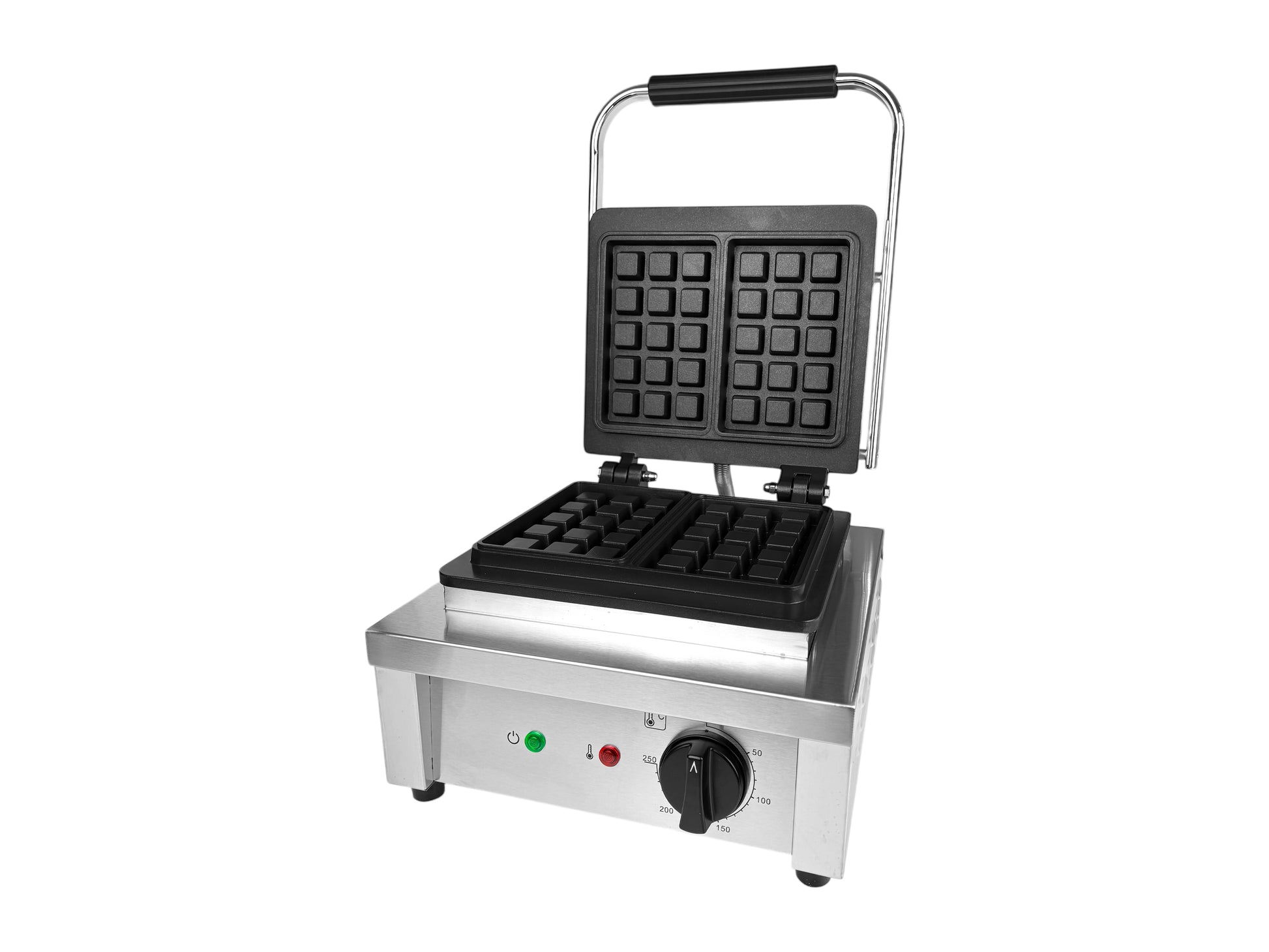 Professionelles Waffeleisen aus Edelstahl für Brüsseler Waffeln mit geöffnetem Deckel – ideal für Events und Caterings in Schleswig-Holstein.