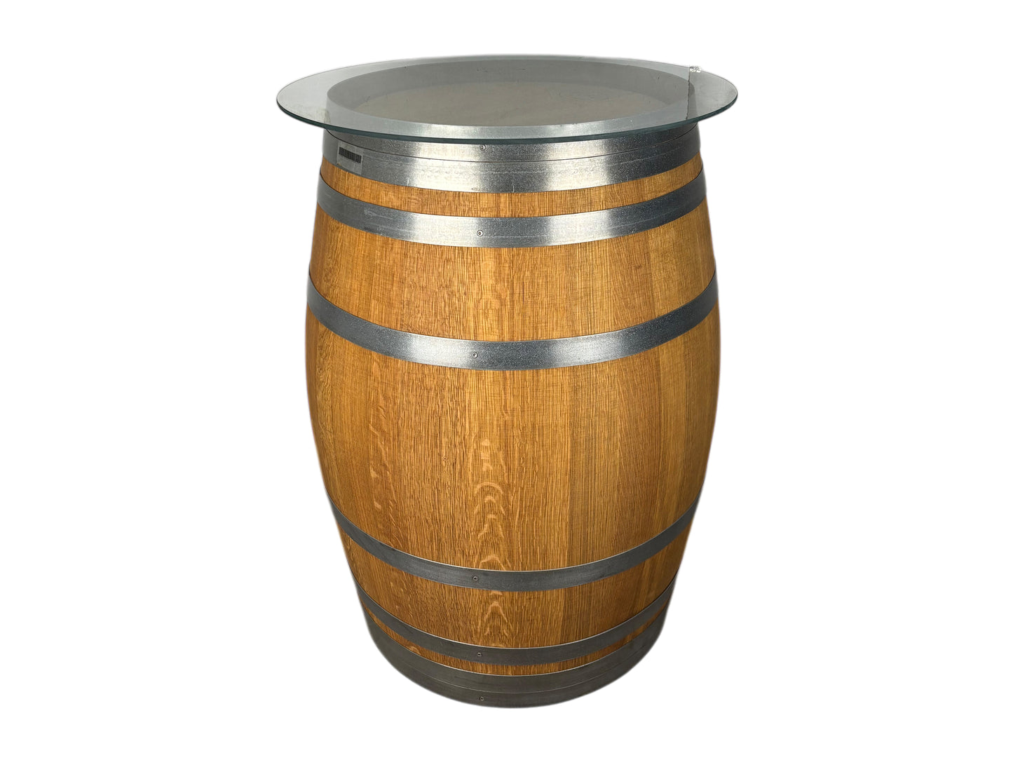 Rustikaler Weinfass-Stehtisch aus geöltem Eichenholz, optional mit Glasplatte – ideal für Hochzeiten, Gartenpartys & Events.
