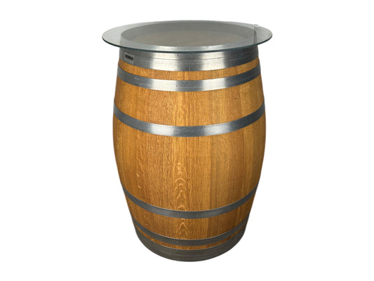 Rustikaler Weinfass-Stehtisch aus geöltem Eichenholz, optional mit Glasplatte – ideal für Hochzeiten, Gartenpartys & Events.