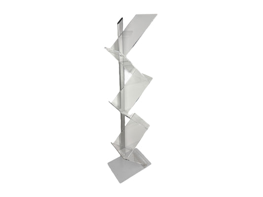 Transparenter Acryl-Prospektständer mit sechs geneigten DIN-A4-Fächern im Zickzack-Design – ideal für Messen, Info-Stände und Ausstellungen.