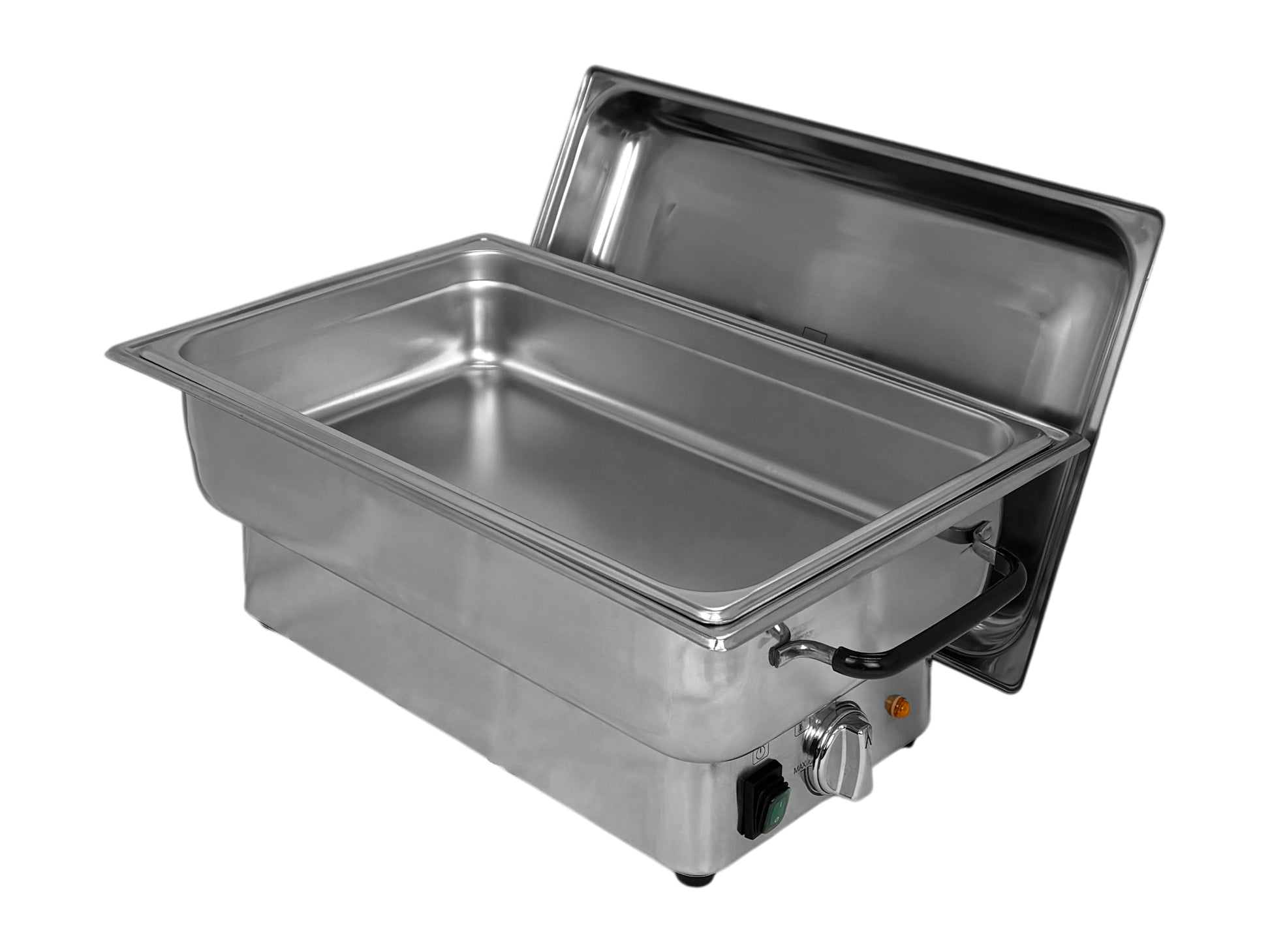 Elektrischer Chafing Dish aus Edelstahl mit geöffnetem Deckel im integrierten Deckelhalter