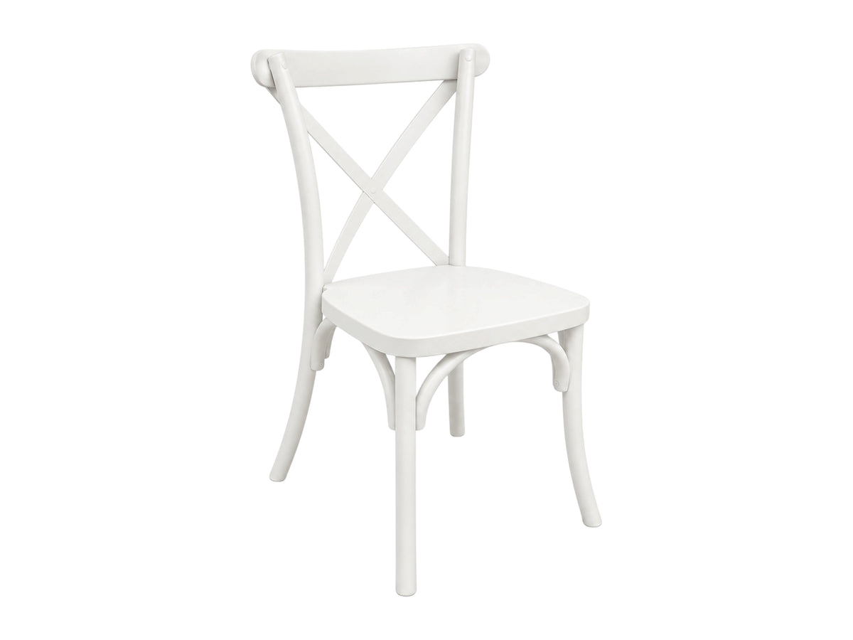 Weißer Cross Back Stuhl aus Kunststoff für Indoor und Outdoor mieten bei Eventverleih SH