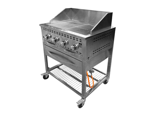 Professioneller Gasgrill aus Edelstahl auf Rollen mit vier Brennern und Spuckschutz für Events und Catering