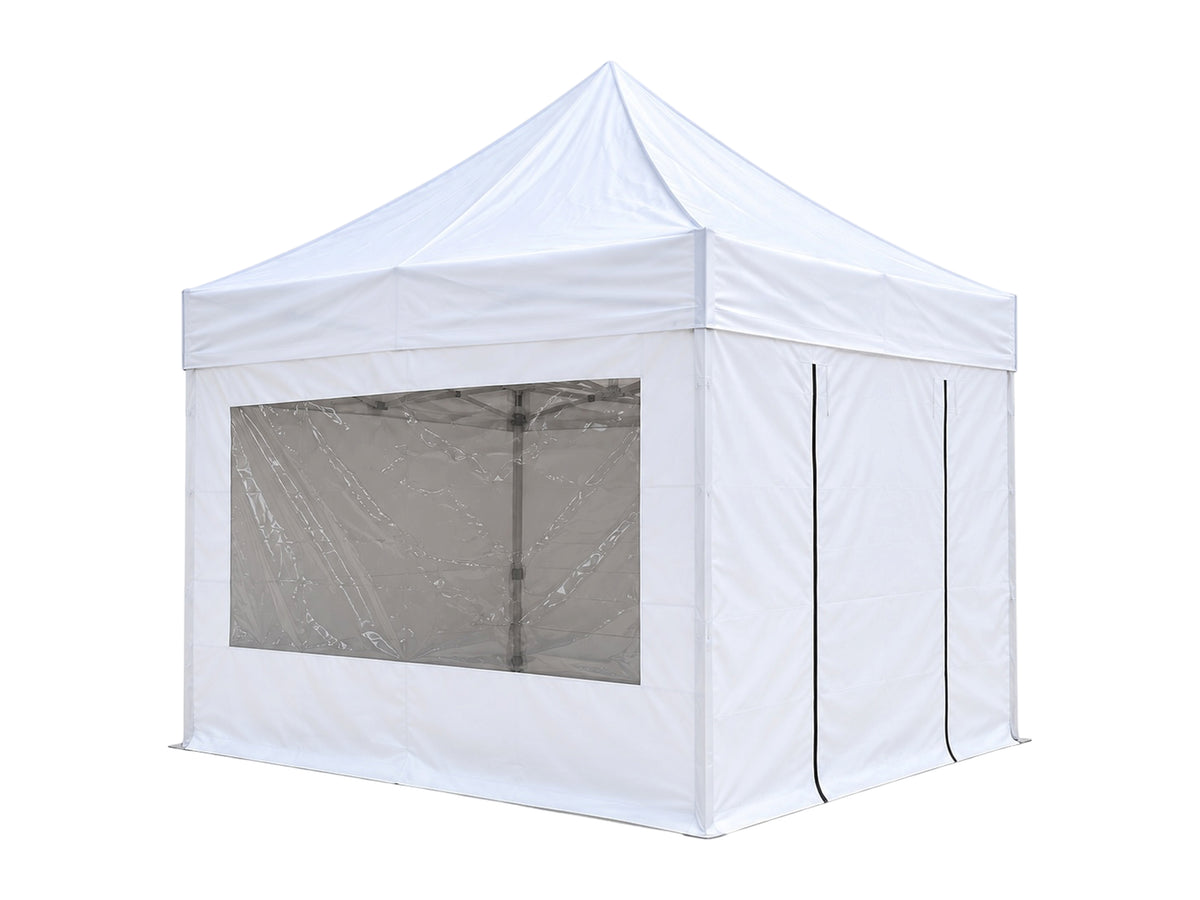 Weißer Faltpavillon 3x3 m mit geschlossenen Seitenwänden und Panoramafenster mieten bei Eventverleih SH