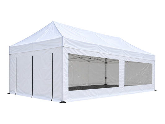 Weißer Faltpavillon 3x6 m mit geschlossenen Seitenwänden und Panoramafenstern mieten bei Eventverleih SH