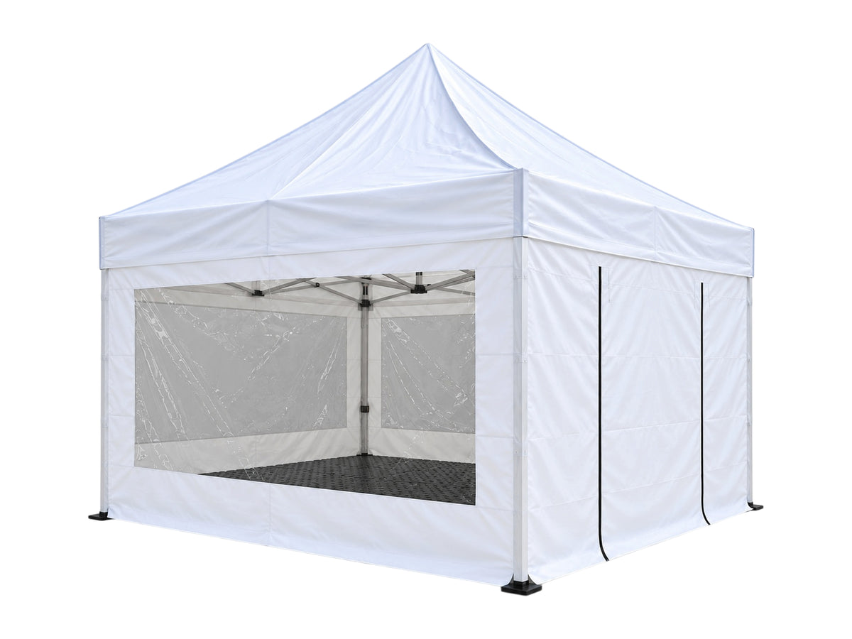 Weißer Faltpavillon 4x4 m mit geschlossenen Seitenwänden und Panoramafenstern mieten bei Eventverleih SH