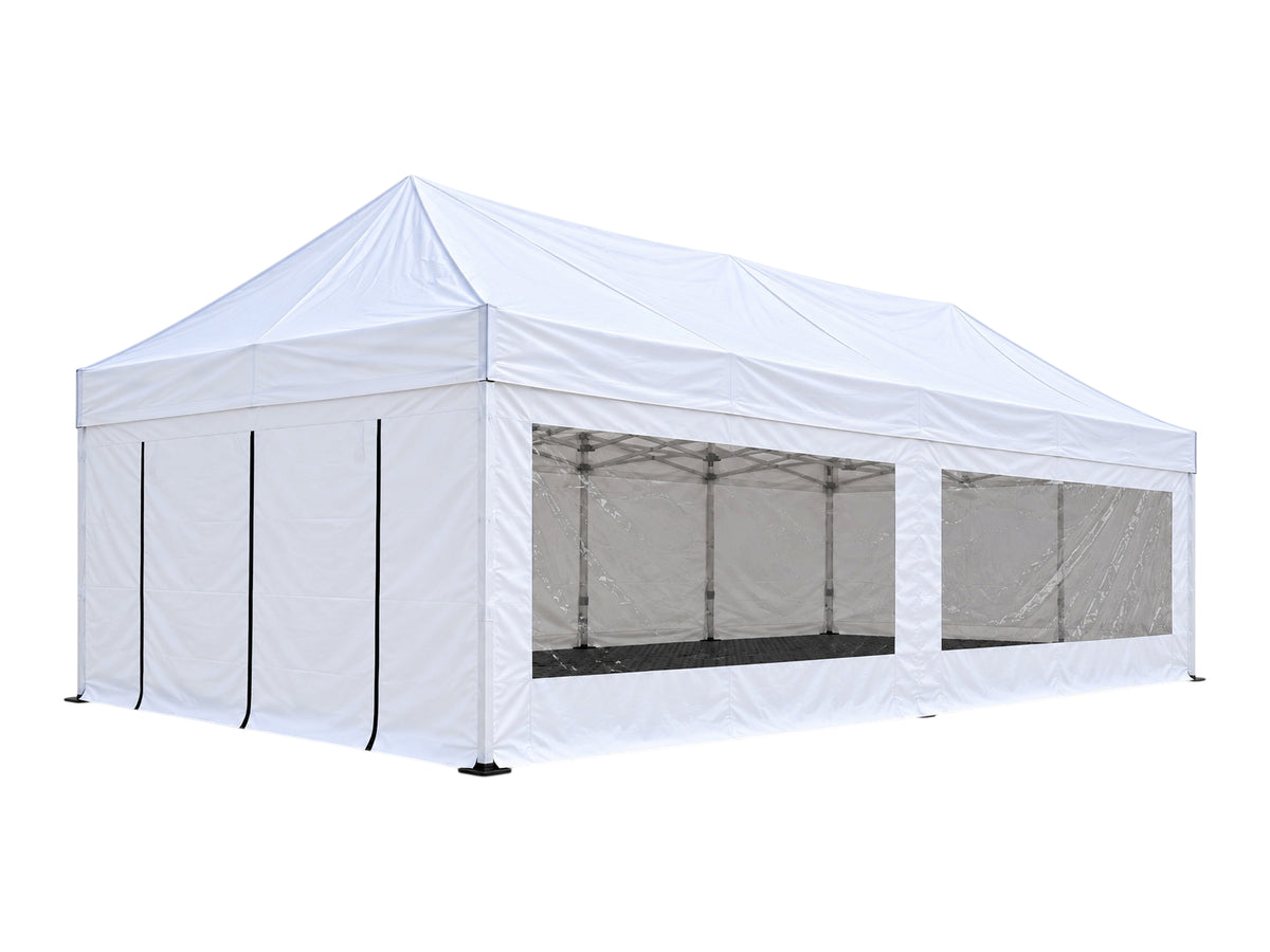 Weißer Faltpavillon 4x6 m mit geschlossenen Seitenwänden und Panoramafenstern mieten bei Eventverleih SH