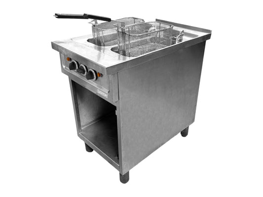 Professionelle Gastro-Fritteuse aus Edelstahl mit zwei Becken und Frittierkörben für Events und Catering