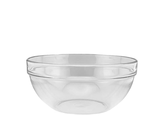 Große runde Glasschüssel aus Klarglas mit 23 cm Durchmesser als Salatschüssel und Servierschale am Buffet