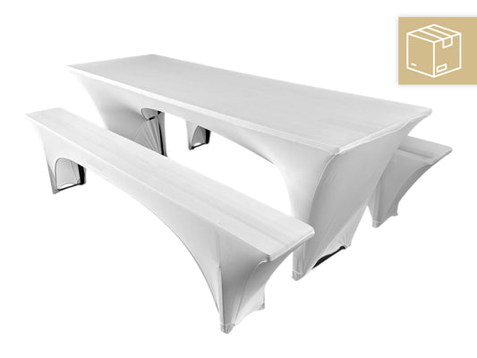 Weiße Hussen für breite Bierzeltgarnituren mit Tisch- und Bankhussen im Set aus Stretchstoff, inklusive Endreinigung, deutschlandweiter Versand möglich