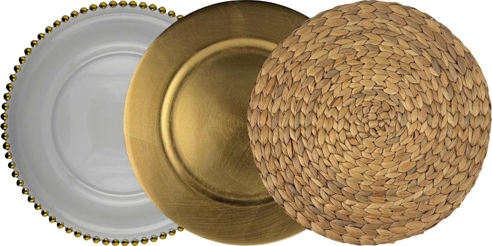 Platzteller in verschiedenen Designs als stilvolle Tischdekoration für Hochzeiten und Events im Geschirrverleih.