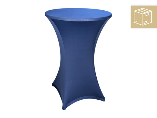 Marineblaue Stretch-Stehtischhusse auf einem Stehtisch mit 80 cm Durchmesser bei einer stilvollen Veranstaltung