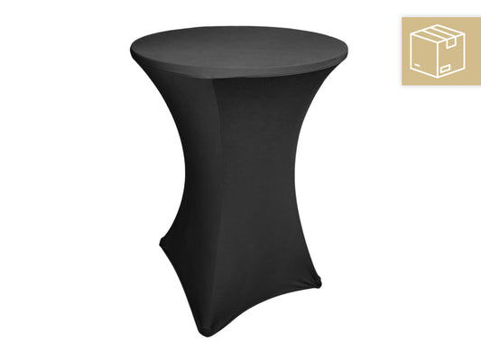 Schwarze Stehtischhussen aus Stretchstoff für Stehtische mit 80 cm Durchmesser, elegant für Events, Trauerfeiern und Galas, deutschlandweit mietbar mit Versand