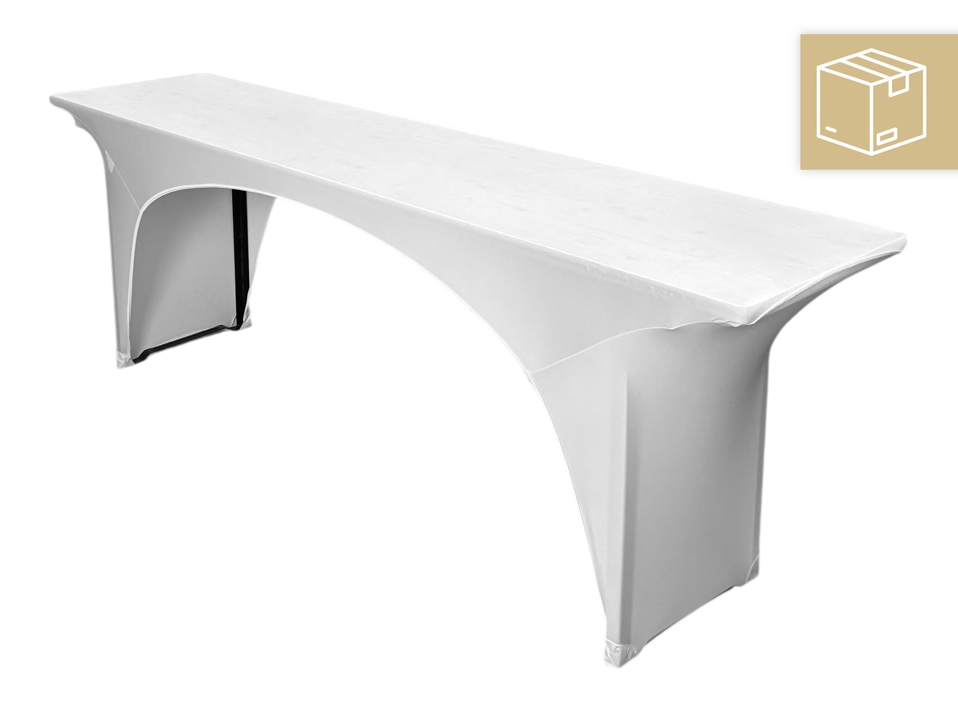 Weiße Stretch-Tischhusse auf einem Bierzelttisch mit 50 cm Breite bei einer festlichen Veranstaltung